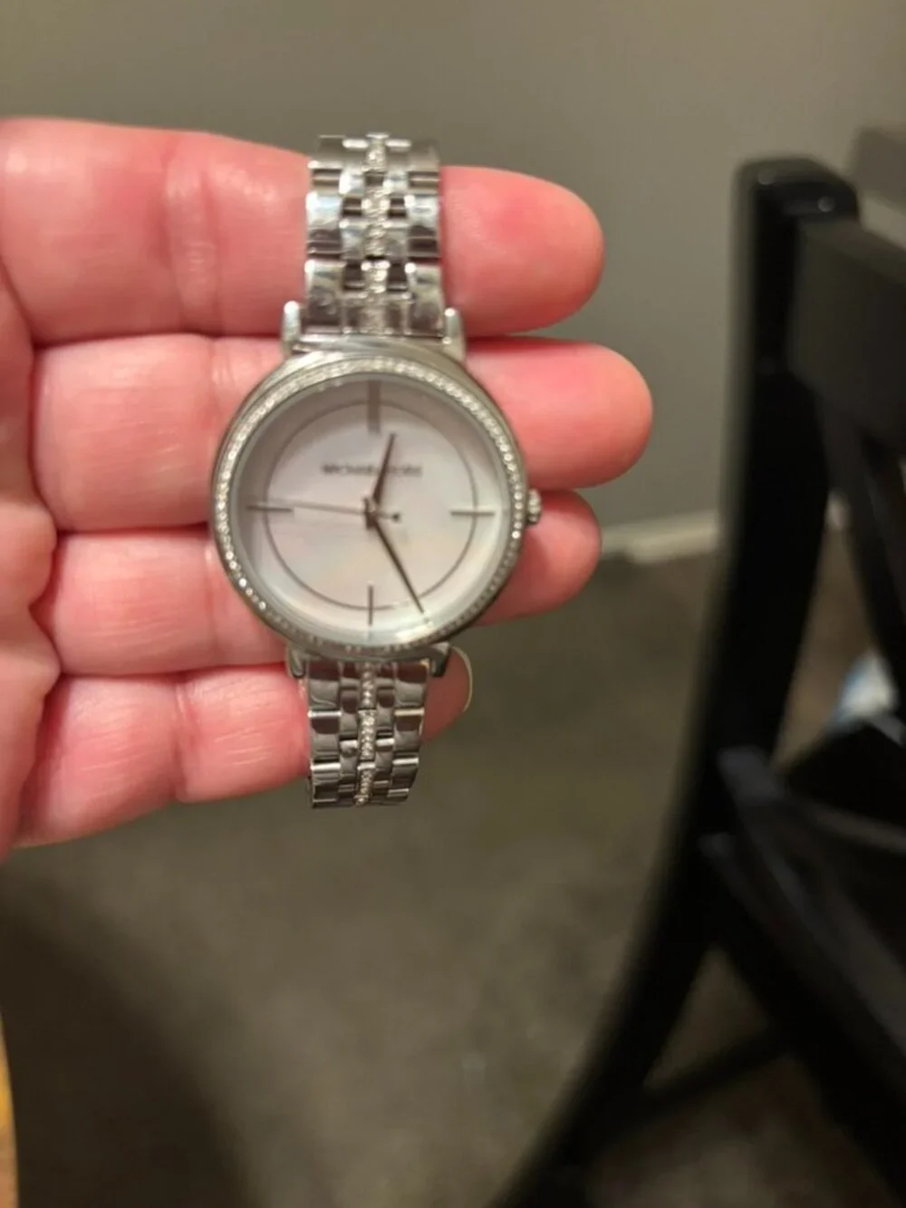 Michael Kors Silver Tone Crystal Bezel Watch Mother of Pearl Dial